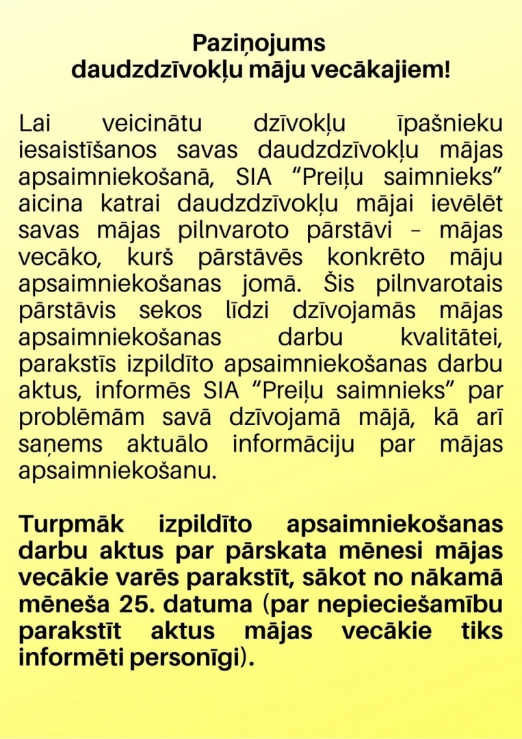 SIA “Preiļu saimnieks” paziņojums daudzdzīvokļu māju vecākajiem