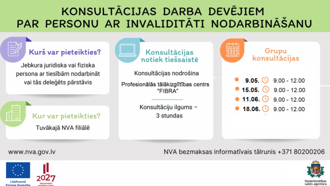 Darba devējiem, kuri nodarbina vai plāno nodarbināt cilvēkus ar invaliditāti,  NVA maijā un jūnijā piedāvā četras bezmaksas konsultācijas