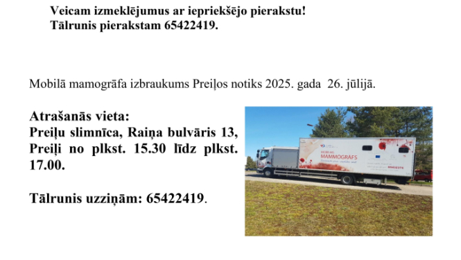 Mobilā mamogrāfa izmeklējumi Preiļos