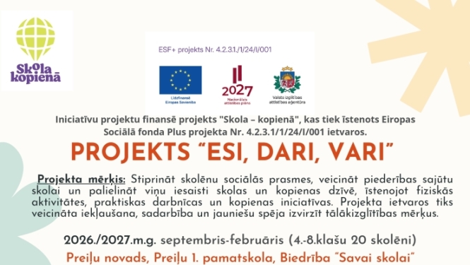 Oktobra aktivitāšu kalendārs jauniešiem - projekts “Esi, dari, vari!”