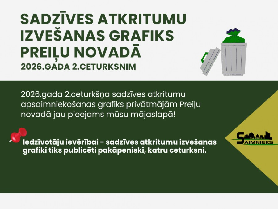 Sadzīves atkritumu izvešanas grafiki privātmājām 2026. gada 2. ceturksnim Preiļu novadā (aprīlis, maijs, jūnijs)