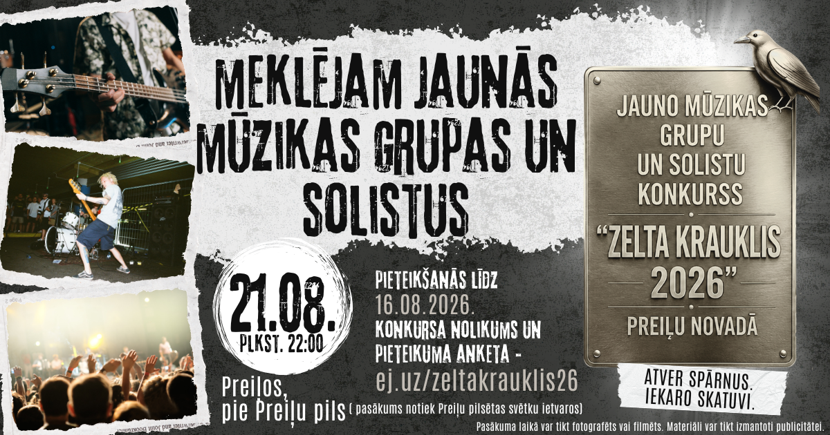 Aicinām jaunās mūzikas grupas un solistus no visas Latvijas pieteikties Jauno mūzikas grupu un solistu konkursam "Zelta Krauklis 2026"