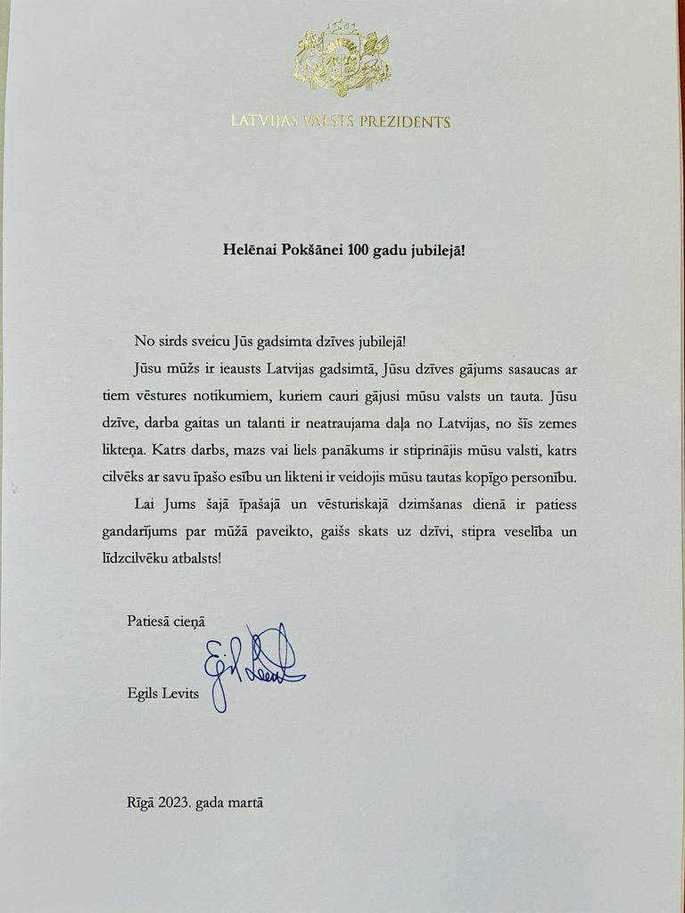 Helēna Pokšāne svin 100 gadu jubileju