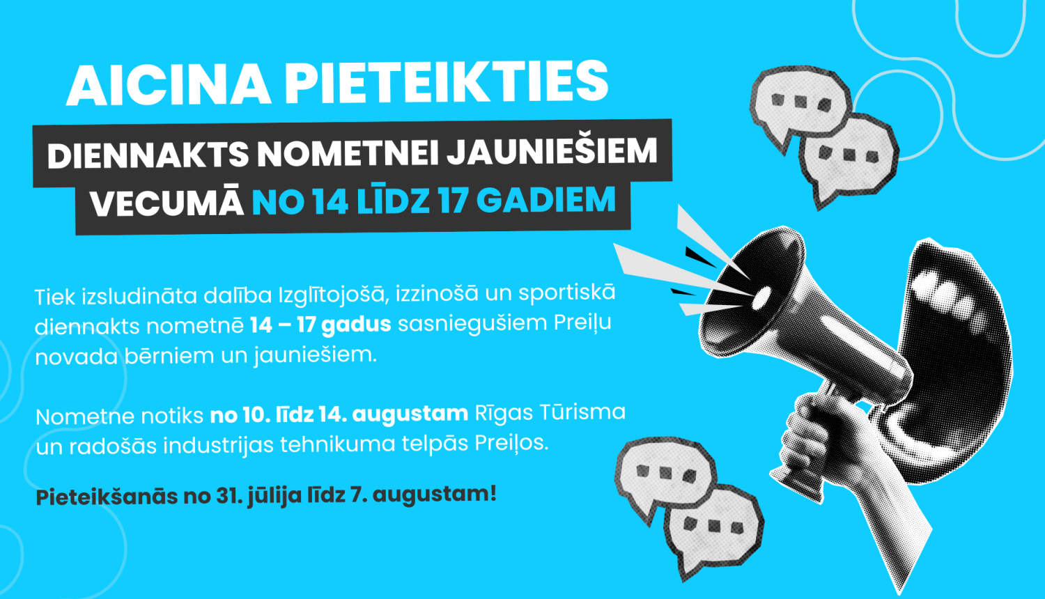 Aicinām pieteikties diennakts nometnei jauniešiem vecumā no 14 līdz 17 gadiem!