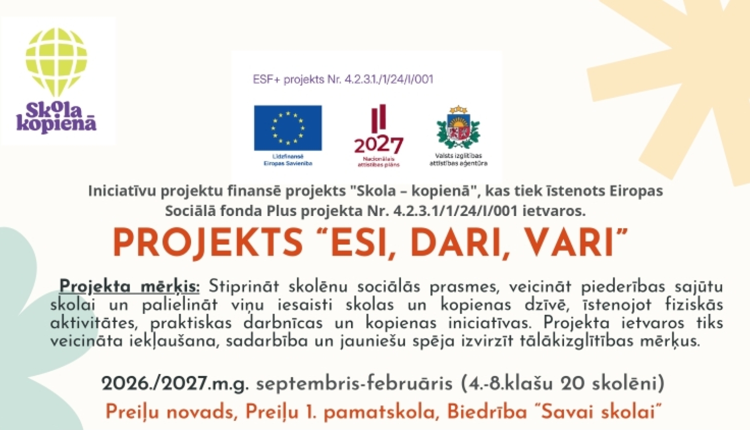 Oktobra aktivitāšu kalendārs jauniešiem - projekts “Esi, dari, vari!”