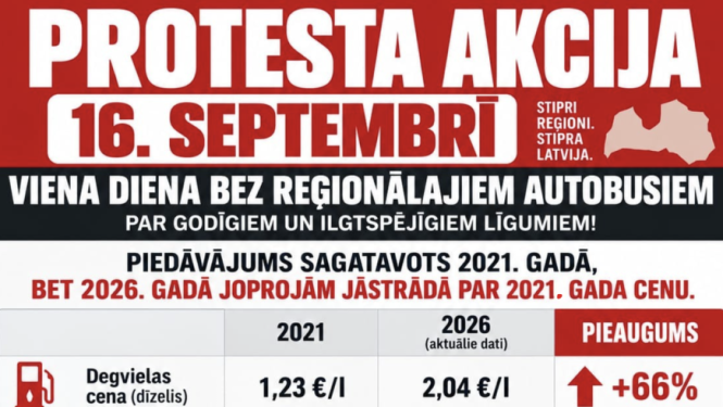 Pasažieru pārvadātāju protesta akcijas laikā 16. septembrī DIENU nekursēs reģionālo maršrutu autobusi