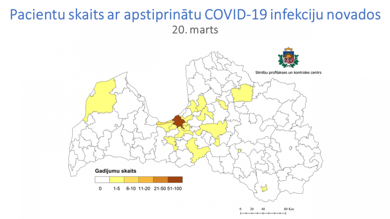 Slimību profilakses un kontroles centra informācija par COVID-19 saslimšanas gadījumiem Latvijā pa novadiem