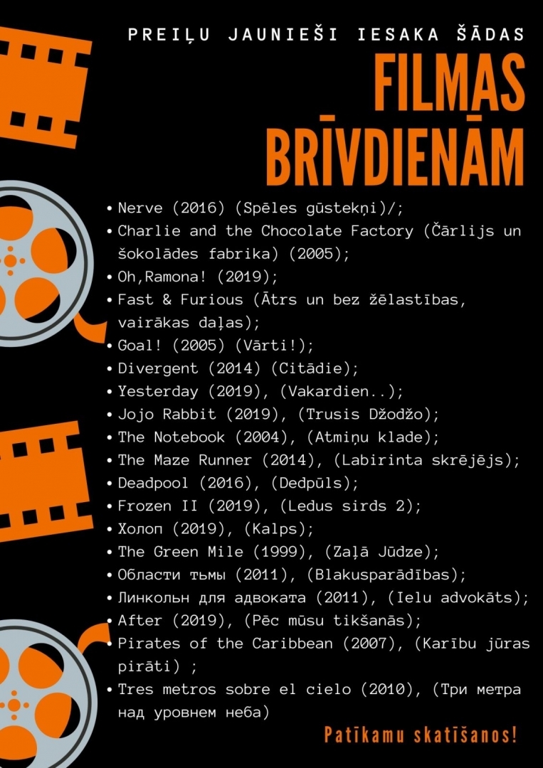 Preiļu jaunieši iesaka noskatīties filmas brīvdienām