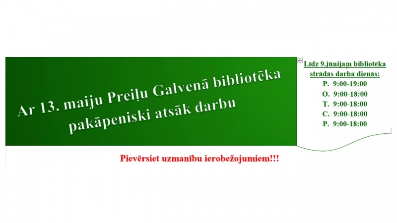 Ar 13. maiju Preiļu Galvenā bibliotēka pakāpeniski atsāk darbu