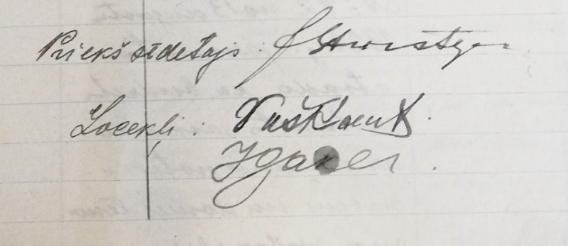 Preiļu miesta pašvaldības Revīzijas komisijas priekšsēdētāja J. Stūrstepa un locekļu J. Gakera un V. Vuškāna paraksti uz 1926. gada 9. augusta protokola