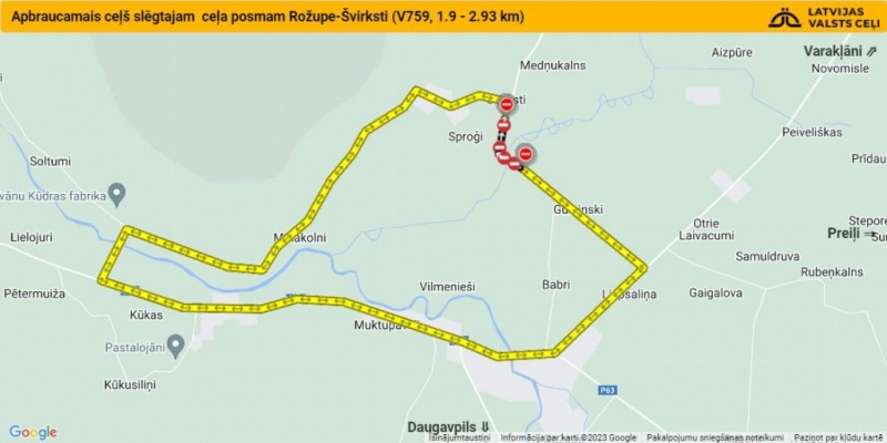 satiksmei slēgts valsts autoceļš Rožupe-Švirksti (V759)