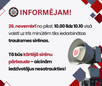 26. novembrī visā valstī tiks iedarbinātas trauksmes sirēnas