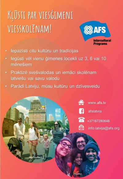 AFS Latvija ir uzsākusi meklēt viesģimenes jauniešiem nākošajam mācību gadam