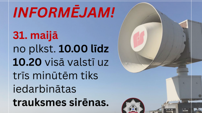 31.maijā, Valsts ugunsdzēsības un glābšanas dienests (VUGD) visā Latvijā veiks trauksmes sirēnu pārbaudi
