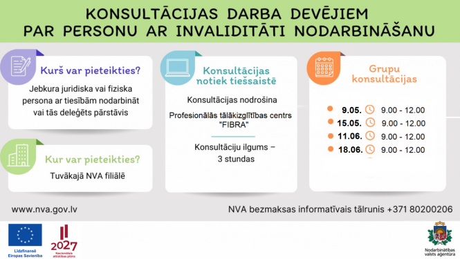 Darba devējiem, kuri nodarbina vai plāno nodarbināt cilvēkus ar invaliditāti,  NVA maijā un jūnijā piedāvā četras bezmaksas konsultācijas