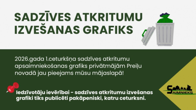 Sadzīves atkritumu izvešanas grafiki privātmājām 2026.gada 1.ceturksnim Preiļu novadā (JANVĀRIS, FEBRUĀRIS, MARTS)