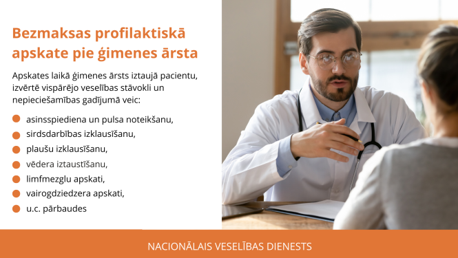 Iedzīvotājus, kuri neapmeklē ģimenes ārstu, aicina veikt bezmaksas profilaktisko apskati