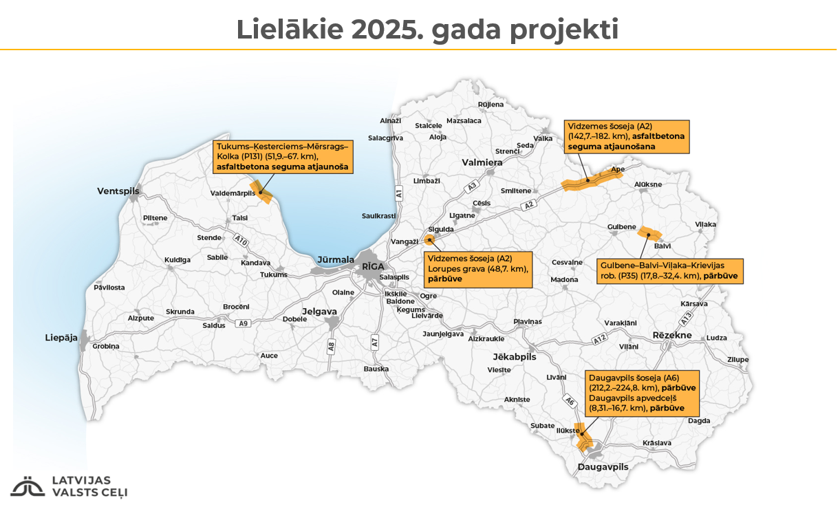 Būvdarbi šogad notiks vairāk nekā 600 km valsts autoceļu; publicēta būvdarbu karte