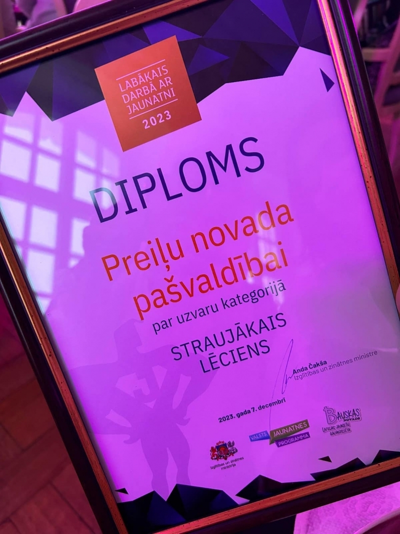 Preiļu novada pašvaldība iegūst diplomu konkursa “Labākais darbā ar jaunatni 2023” kategorijā “Straujākais lēciens”