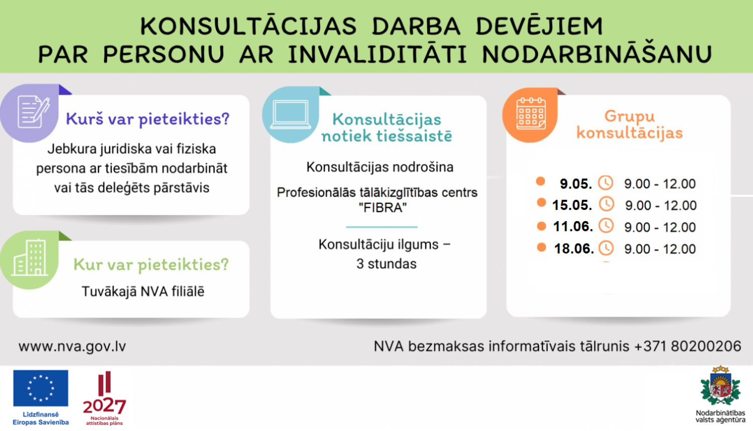 Darba devējiem, kuri nodarbina vai plāno nodarbināt cilvēkus ar invaliditāti,  NVA maijā un jūnijā piedāvā četras bezmaksas konsultācijas
