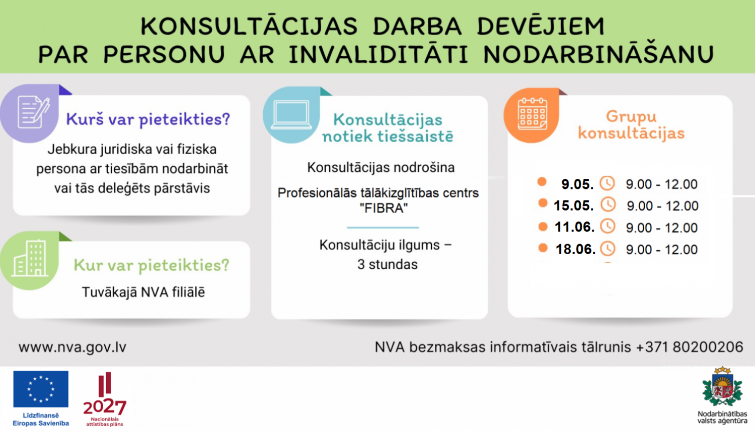 Darba devējiem, kuri nodarbina vai plāno nodarbināt cilvēkus ar invaliditāti,  NVA maijā un jūnijā piedāvā četras bezmaksas konsultācijas